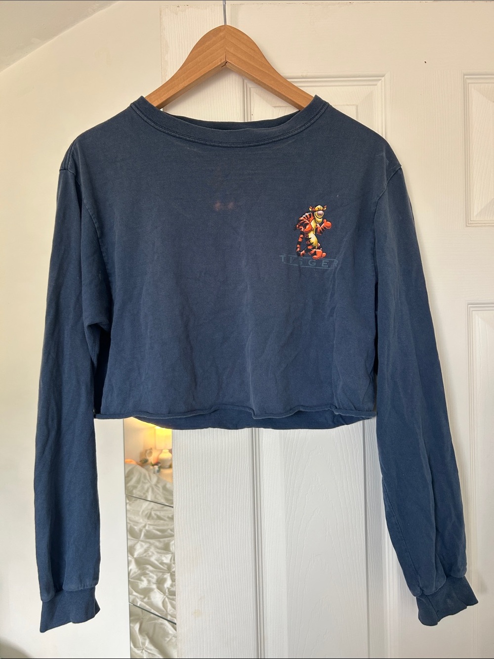 Women's Navy Cropped Disney Long-Sleeve Top with Tigger Graphic